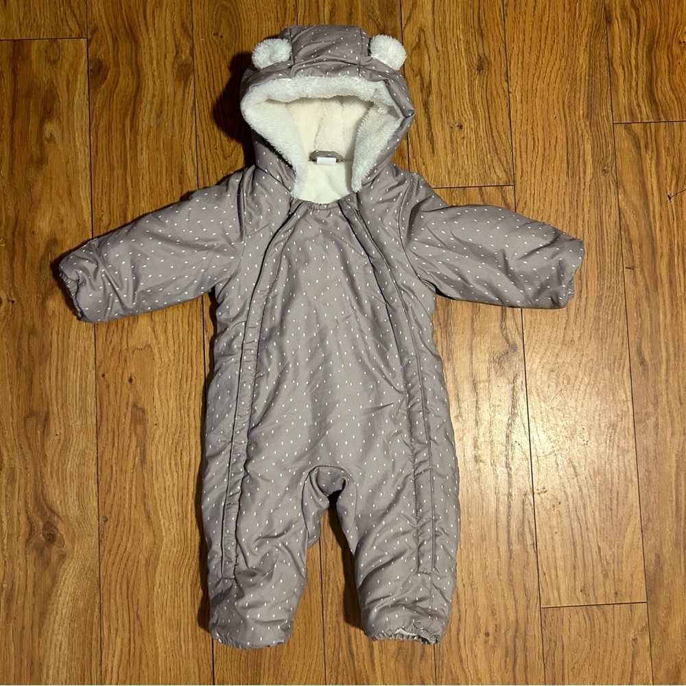 Snowsuit One-Piece Tan White Winter Bear Faux Fur Lined | Infant Size 3 Months